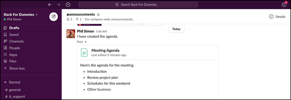 Screenshot of a sample Slack  rich-text post displaying self-explanatory options around sharing the post, letting others 
edit it, creating a link, and adding comments.