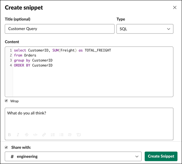 Screenshot displaying an example of a code snippet in which Slack automatically places line numbers to the left of each line in a snippet.