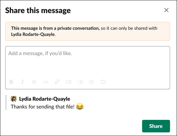 Screenshot displaying a Slack message forbidding a user from sharing a private direct message.