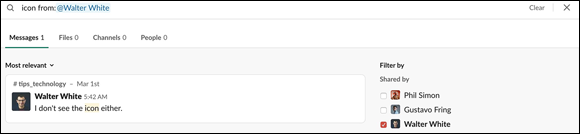 Screenshot displaying Slack search results on the word “icon” restricted by member name and removes the results from other workspace members.