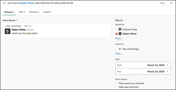 Screenshot displaying Slack search results on the word “icon” restricted by member name and date.