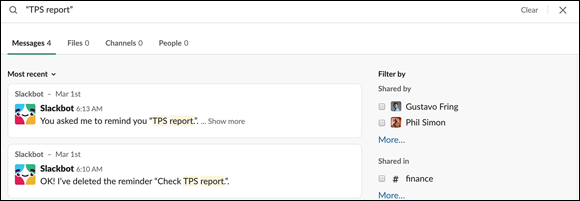 Screenshot displaying Slack search results containing multi-keyword phrase, all messages and files with the phrase “TPS report.”
