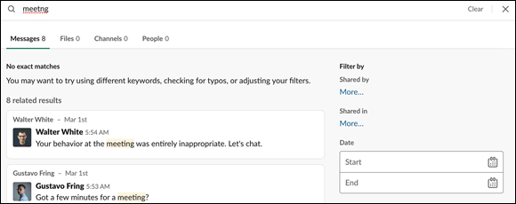 Screenshot displaying Slack fuzzy search results that returns highlighted terms based upon its best guess of what was meant, not what was typed.