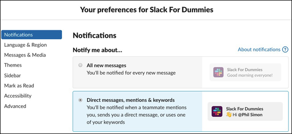 Screenshot of the Slack member preference window displaying the notifications for your preferences for Slack For Dummies.