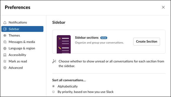 Screenshot of the Slack sidebar options on the Preferences page to organize unread messages and starred conversations.