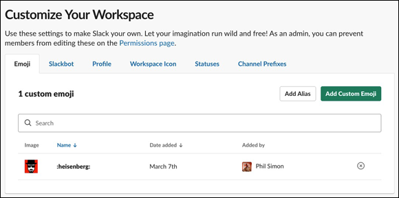 Screenshot displaying a new custom emoji on the Customize Your Workspace page.