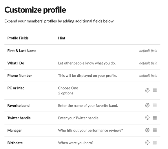 Screenshot displaying the order of the Slack custom fields created in a user profile.