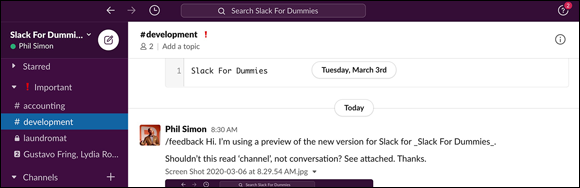 Screenshot of the Slack custom section named Important, along with the #accounting, #development, and #laundromat channels added into the section.