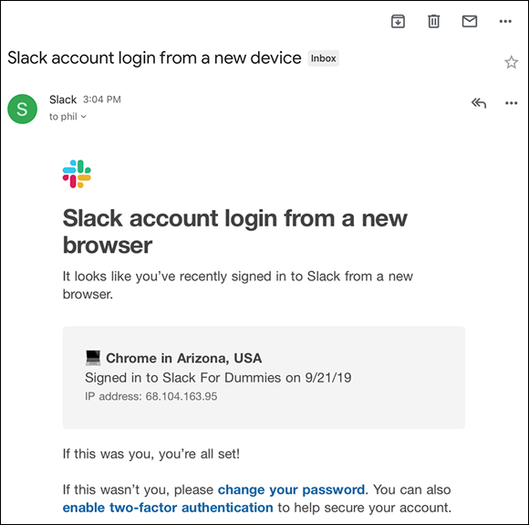 Screenshot of a confirmation message when you attempt to log into a Slack workspace from an unrecognized browser.