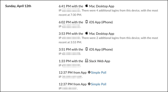 Screenshot of a simple Slack access log that provides organizations with information on who did what and when, while investigating instances of misuse or hacks.