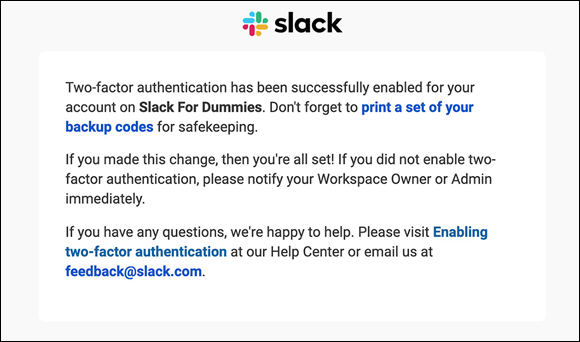 Screenshot of a Slack email confirming individual two-factor authentication (2FA) activation.