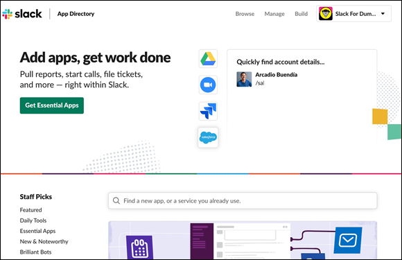 Screenshot of the Slack App Directory that offers plenty of essential apps and useful ways to find them.