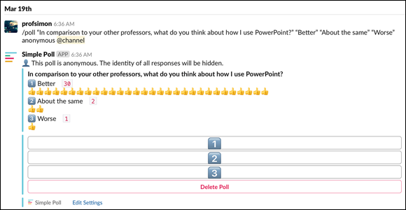 Screenshot displaying the results of a Simple Poll on student reaction to how the author uses PowerPoint in the classroom.