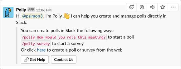 Screenshot of the Slackbot in-app confirmation message for the poll application Polly to create polls in Slack.