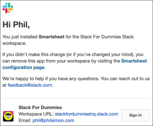 Screenshot of the Slack email confirming installation of the Smartsheet app for the Slack For Dummies Slack workspace.