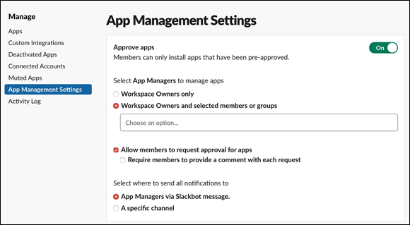 Screenshot of the Slack App Management Settings where members can only install apps that have been pre-approved.