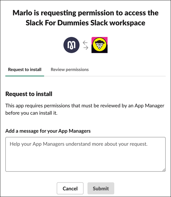 Screenshot displaying the Slack app rejection message for Marlo, a meeting-feedback app, requesting permission to access the Slack For Dummies Slack workspace.