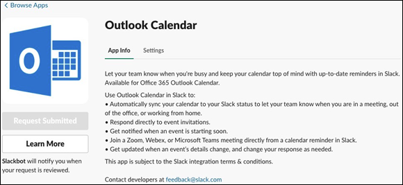 Screenshot of a Slack message displayed when a member attempts to install the Microsoft Outlook Calendar app.