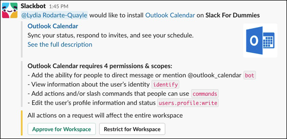 Screenshot of a Slackbot message notifying the Workspace Admin that a member is attempting the installation of the Outlook Calendar app.