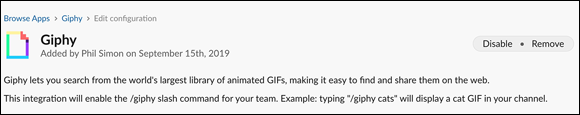 Screenshot displaying a message confirm your choice of disabling the Giphy Slack app.