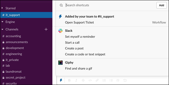 Screenshot displaying the Workflow Builder shortcut to IT-support form, when a user clicks on the lightning-bolt icon.