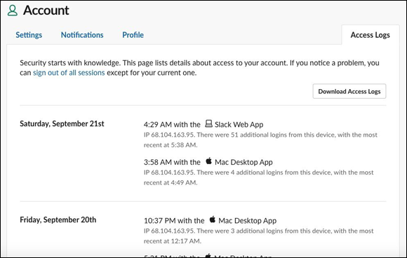 Screenshot of the Slack Account page displaying the Access Logs listing out the details about access to your account.