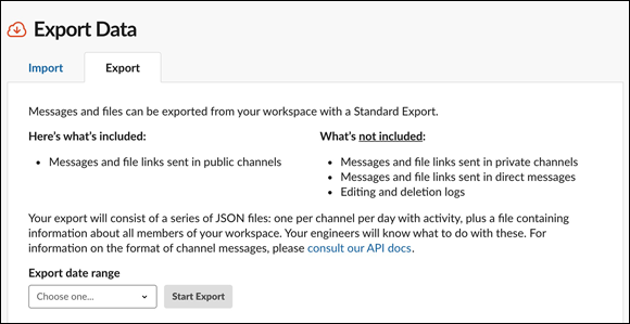 Screenshot of the Slack Export Data page displaying the options where messages and files can be exported from your workspace with a Standard Export.