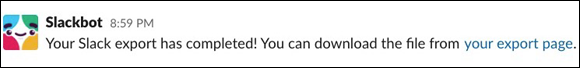 Screenshot of a Slackbot DM sending an email with a downloadable link for data export.