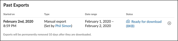 Screenshot of the Slack displaying a section titled Past Exports providing the details of a past manual export.