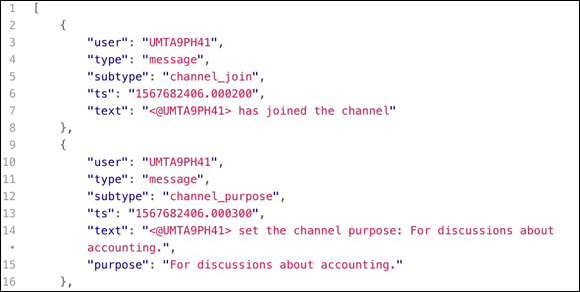 Screenshot displaying the output of JSON data from a Slack Standard Export file.