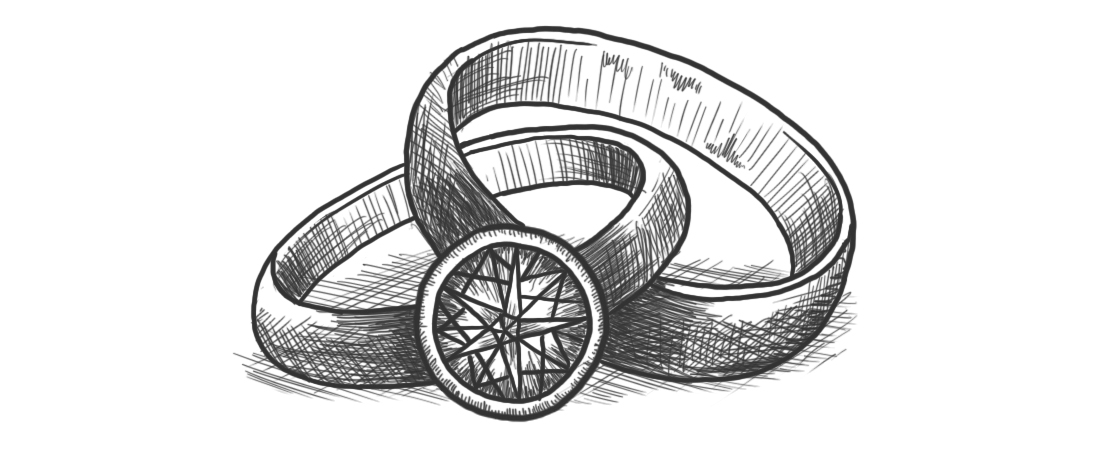 Illustration of an engagement ring with a single diamond and a wedding band, intertwined.