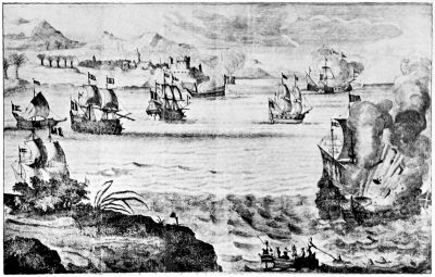 THE FIRESHIP DESTROYING THE SPANISH ADMIRAL; CASTLE DE LA BARRA IN BACKGROUND