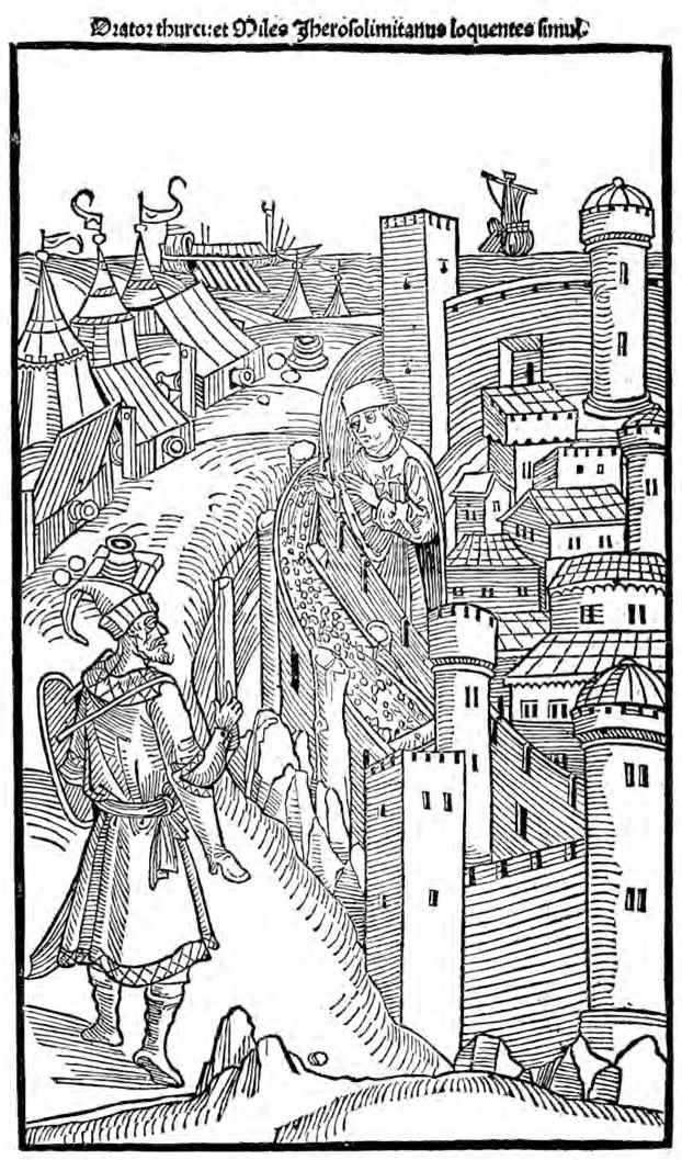 Figure 1.2: 'Rhodes and the Turk', in Guillaume Caorsin, Rhodiorum Vicecancellarij: Obsidionis Rhodie Vrbis descriptio (Ulm: Johann Reger, 1496), fol. biiv. Courtesy of Herzog August Bibliothek, Wolfenbüttel, A:236.4 Hist. 2°.