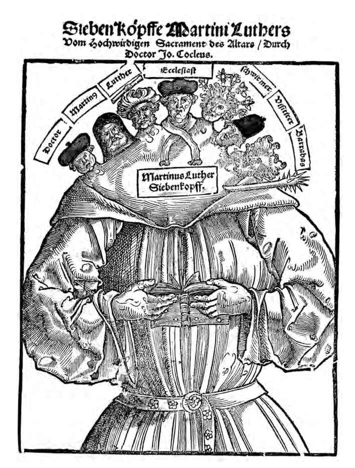 Figure 3.7: Hans Brosamer, 'The Seven Headed Luther', title-page illustration to Johannes Cochlaeus, Sieben köpffe Martini Luthers vom hochwirdigen Sacrament des Altars (Leipzig: Schuman, c. 1529). Courtesy of Herzog August Bibliothek, Wolfenbüttel, A: 190.16 Theol. (8).