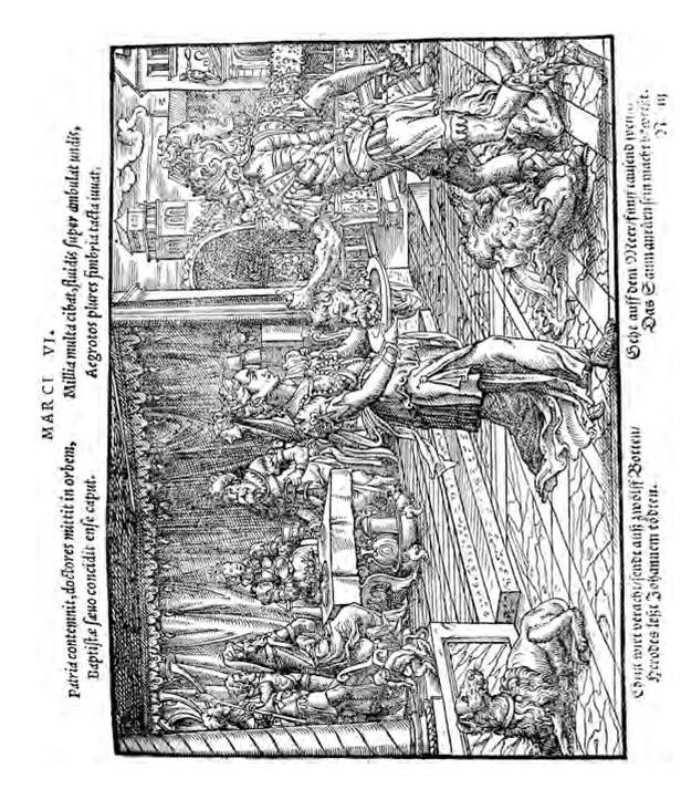 Figure 3.12: 'Salome before King Herod', in Jost Amman, Neuwe Biblische Figuren, deß Alten vnd Neuwen Testaments: Künstlich unnd artig gerissen, durch Joß Amman (Frankfurt: Feyerabend, 1579), fol. Niiir. Courtesy of Herzog August Bibliothek, Wolfenbüttel, A: 27.4 Geom. (2).