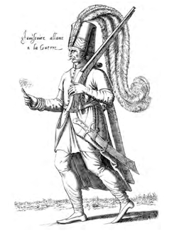 Figure 4.6: 'Janissary, 1581', in Melchior Lorch, Wolgerissene und geschnittene Figuren zu Rosz und Fusz (Hamburg: Hering, 1626), n.p. Courtesy of Herzog August Bibliothek, Wolfenbüttel, A: 15.1 Bell. 2° (2).