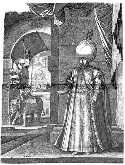 Figure 4.7: Melchior Lorch, Sultan Süleyman in front of the Imperial Gate of the Topkapi Palace (1559), in Lorch, Wolgerissene und geschnittene Figuren zu Rosz und Fusz, n.p. Courtesy of Herzog August Bibliothek, Wolfenbüttel, A: 15.1 Bell. 2° (2).