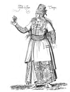 Figure 4.10: 'Mayden of Pleasure or Common Woman of Turkie', in Nicolay, Les quatre premiers livres des navigations et peregrinations Orientales, plate 160C. Courtesy of Herzog August Bibliothek, Wolfenbüttel, A: 124.2 Hist. 2°.