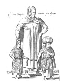 Figure 4.11: 'A Woman Turke Leading her Children', in Nicolay, Les quatre premiers livres des navigations et peregrinations Orientates, plate 76B. Courtesy of Herzog August Bibliothek, Wolfenbüttel, A: 124.2 Hist. 2°.