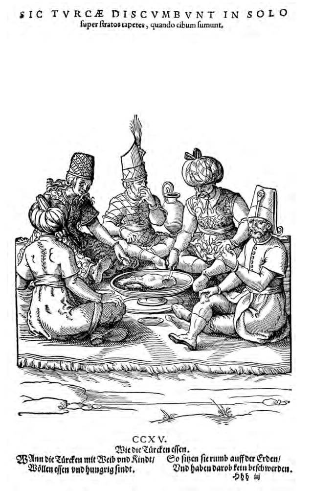 Figure 5.9: 'Turks Dining', in Weigel, Habitus praecipuorum populorum, fol. Hhhiii. Courtesy of Herzog August Bibliothek, Wolfenblittel, A: 118 Quod. 2° (2).