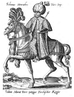 Figure 5.12: 'Sultan Murathes', in Abraham de Bruyn, Diversarum gentium armature equestris (Cologne: Caspar Rutz, 1577), p. 54. Courtesy of Herzog August Bibliothek, Wolfenbüttel, M: Hn 44.