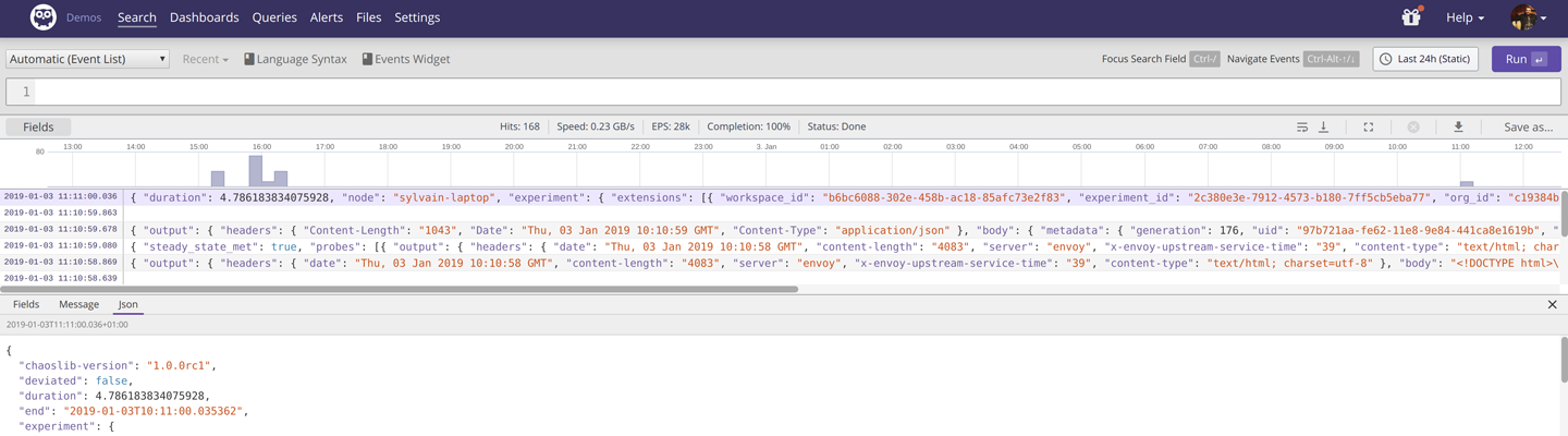 An image of chaos experiment execution log messages surfacing in Humio.