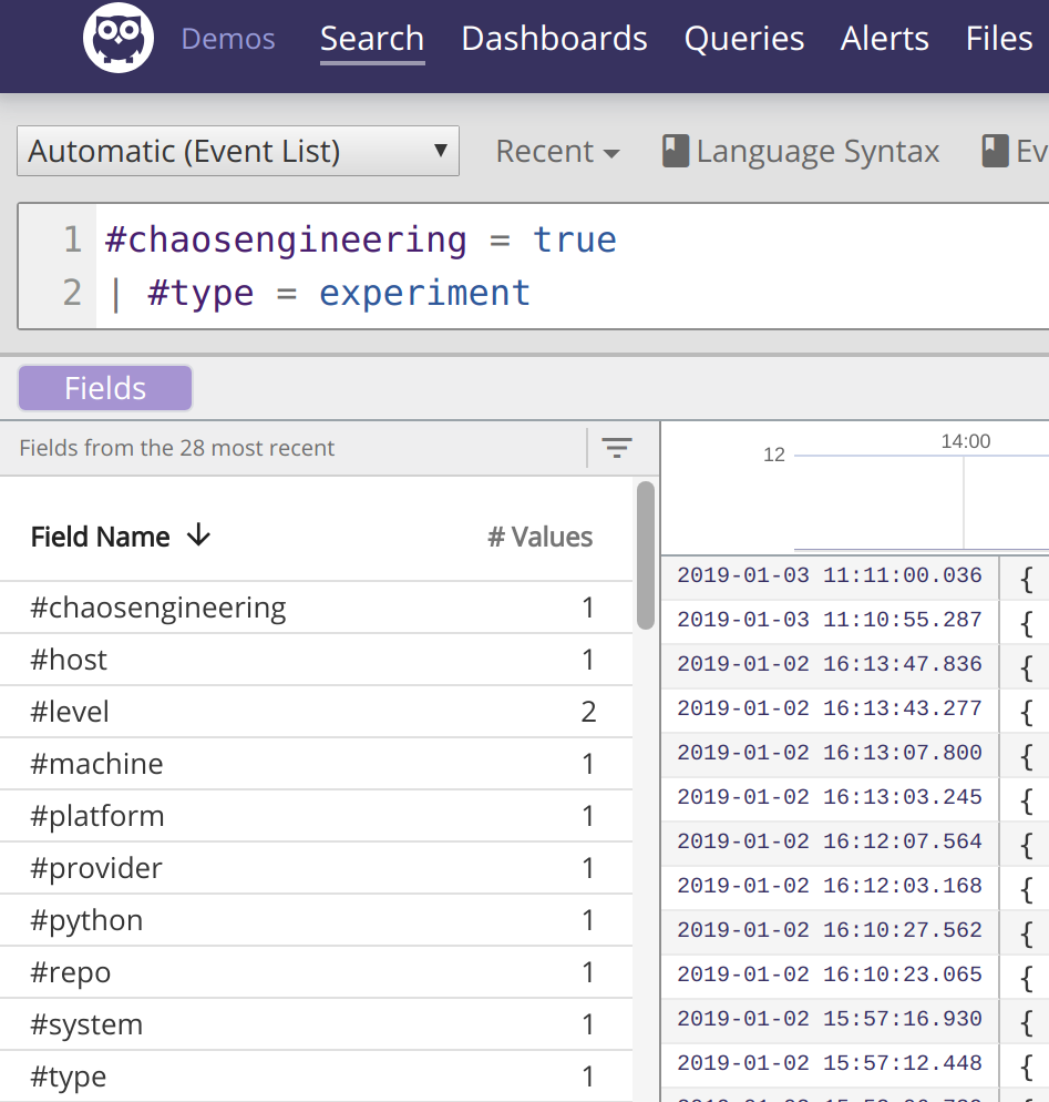 An image of querying for experiment execution events in Humio.