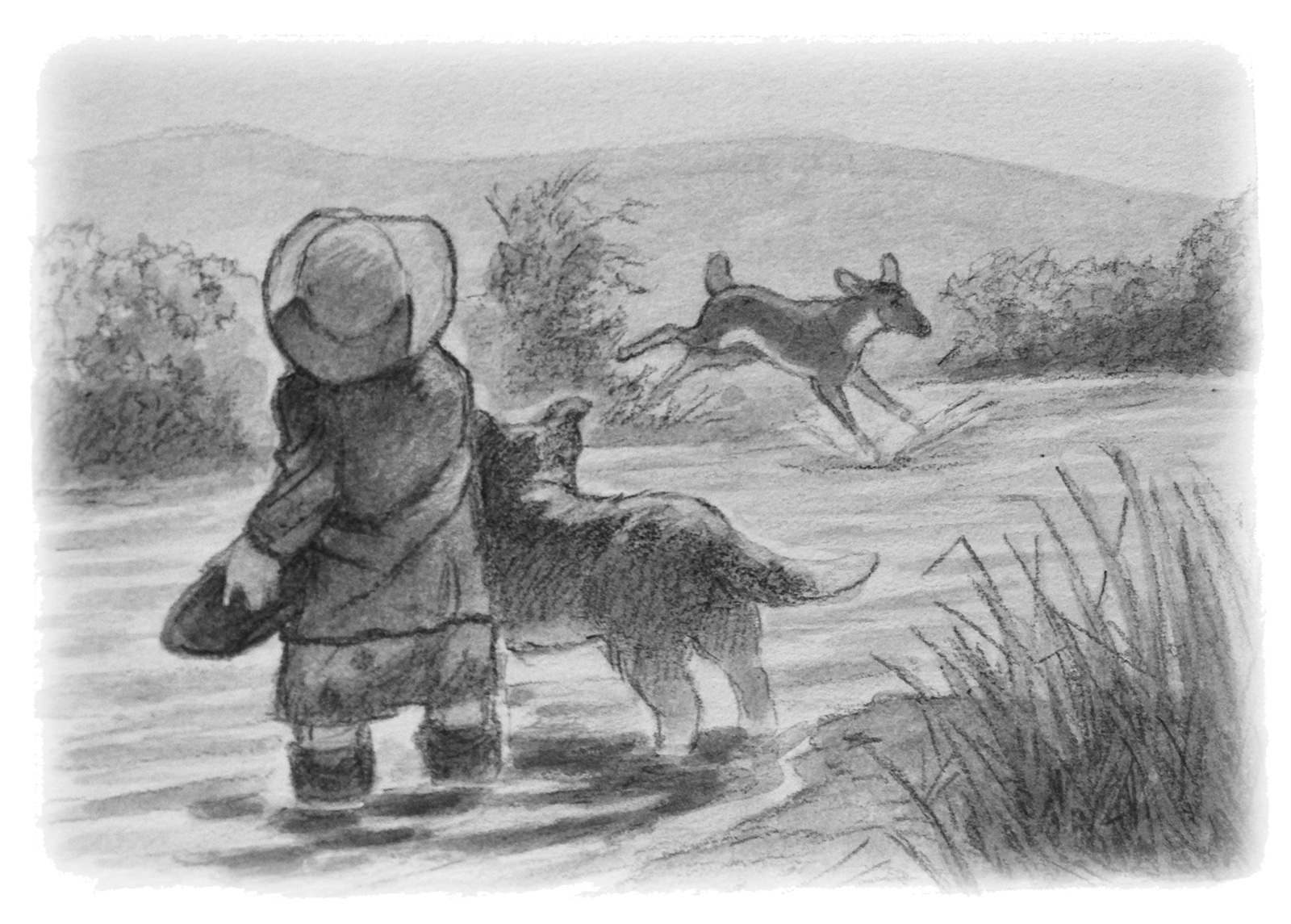 A girl and dog watch as a buck leaps from the brush into the water.