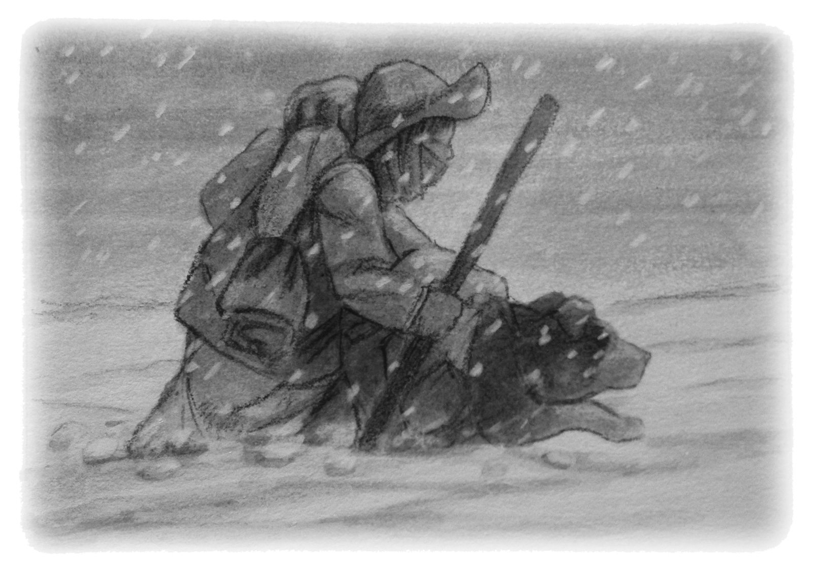 A girl and dog slog through deep snow.