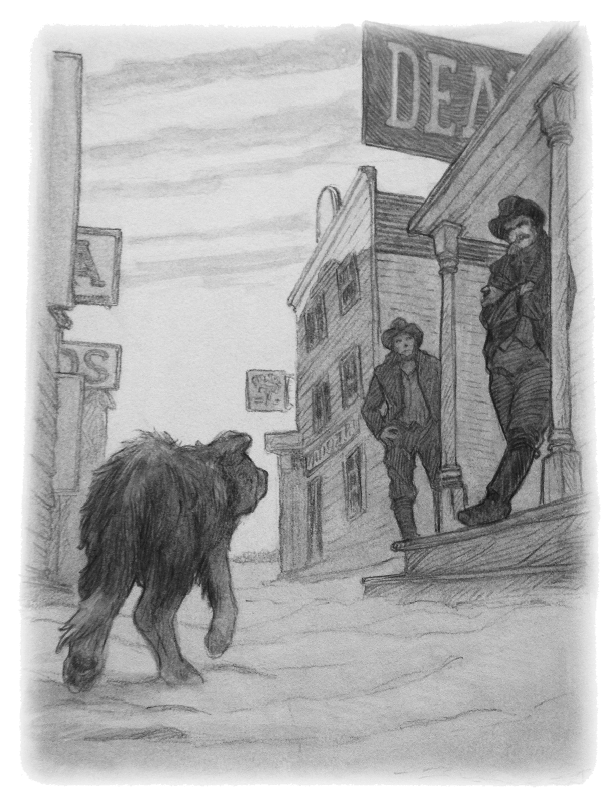 A dog walks up a street with its tail held low, as two men in cowboy hats look on.