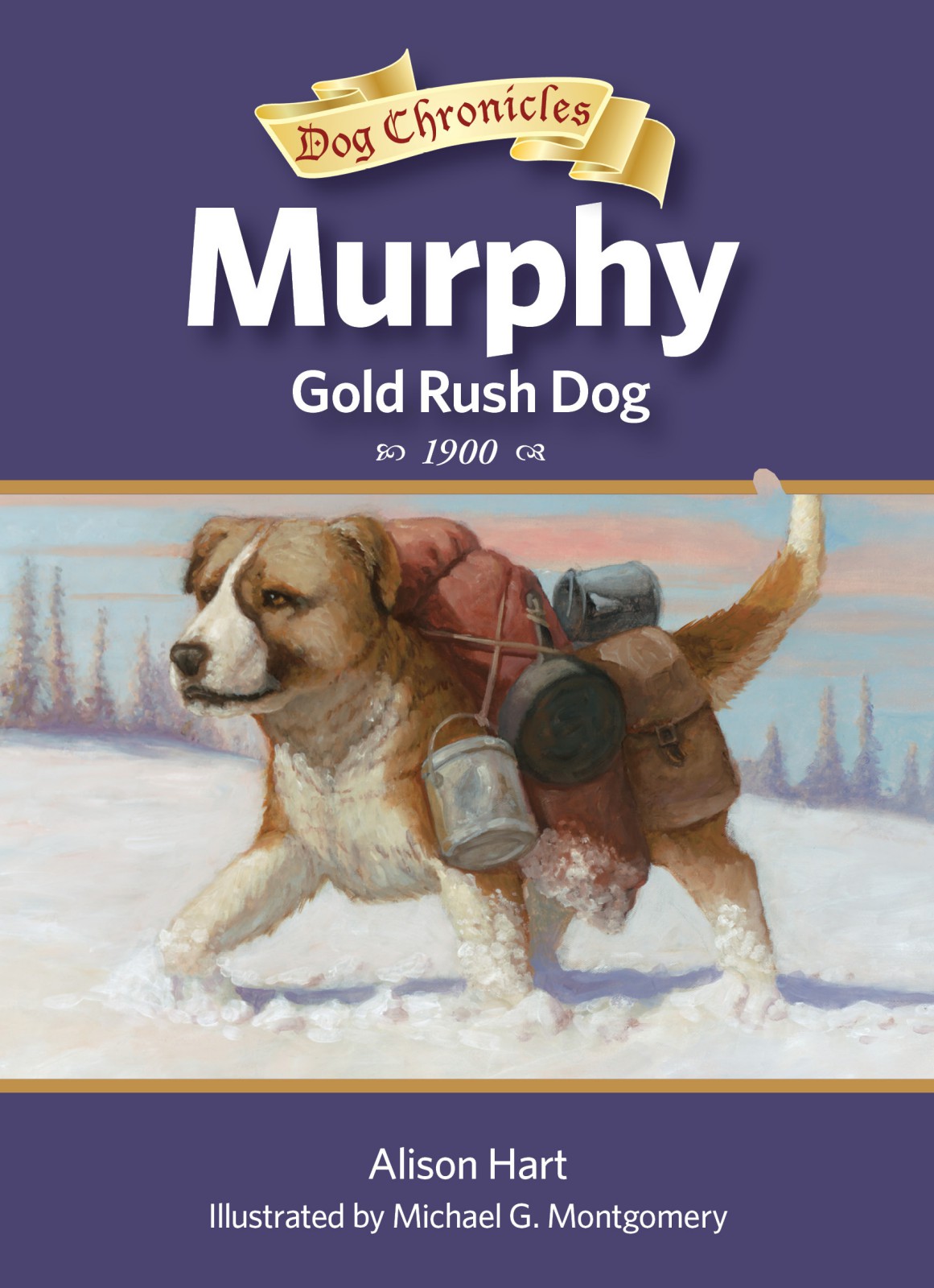 Cover: a dog, loaded with a pack, coffee pot, frying pan, and other objects strides through snow