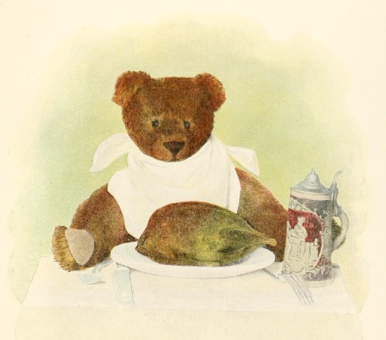 bear iwth meat on plate in front of him and stein of something in hand