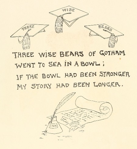 poem with three mortarboards above and an inkpot and scroll below