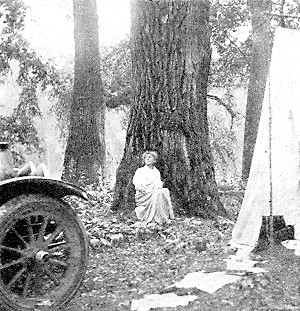 A camp by the Red River of the North, Mrs. Wedge sitting by a giant cottonwood. Our 16 lb. tent at the right.